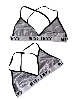 2 BRAND NEW Miss Envy Grey Logo Band Bralettes |Strappy Cross Back Cotton Lounge